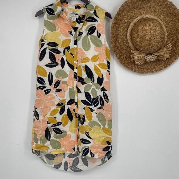 Rachel Zoe Linen Sleeveless High-Lo Shirt Dress Shift Tropical Print Small - Picture 2 of 10